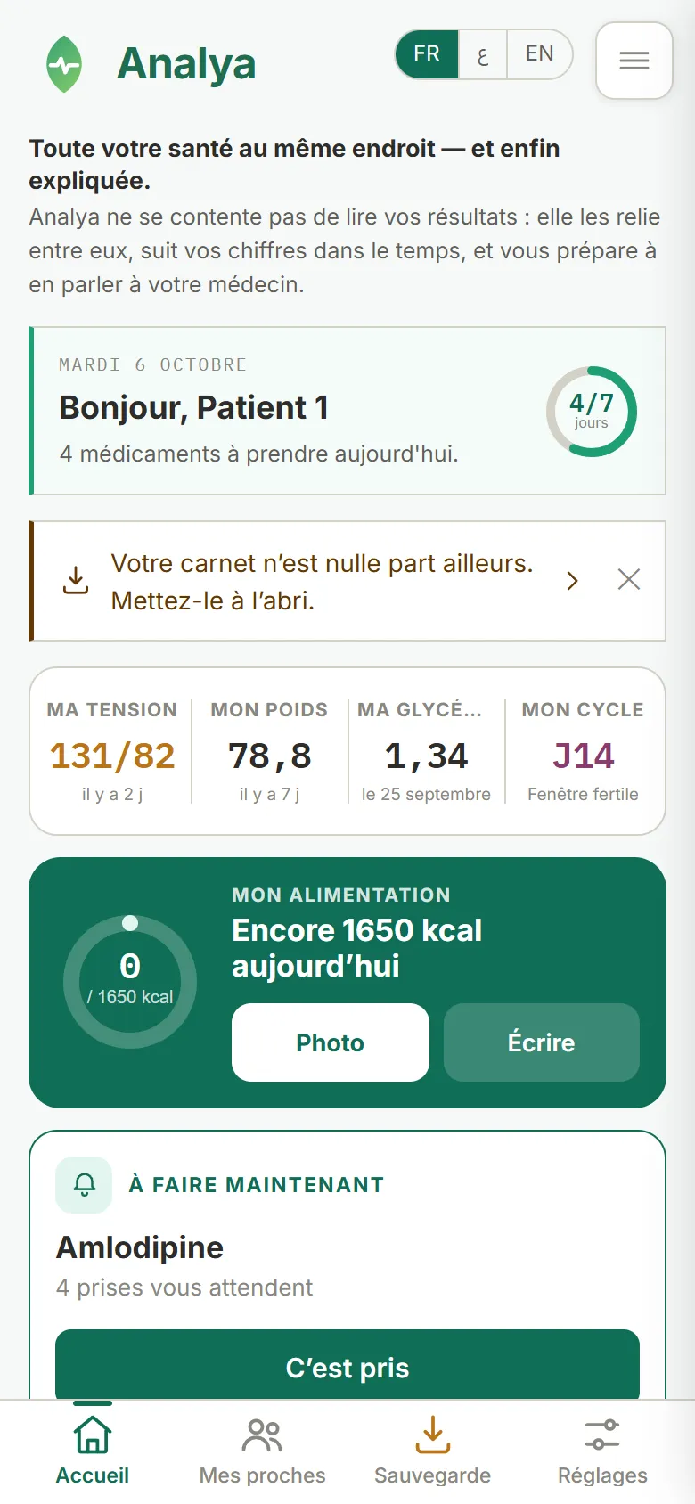 Écran d'accueil d'Analya : l'accroche, la carte du jour, quatre pastilles de suivi, Mon alimentation et « À faire maintenant »