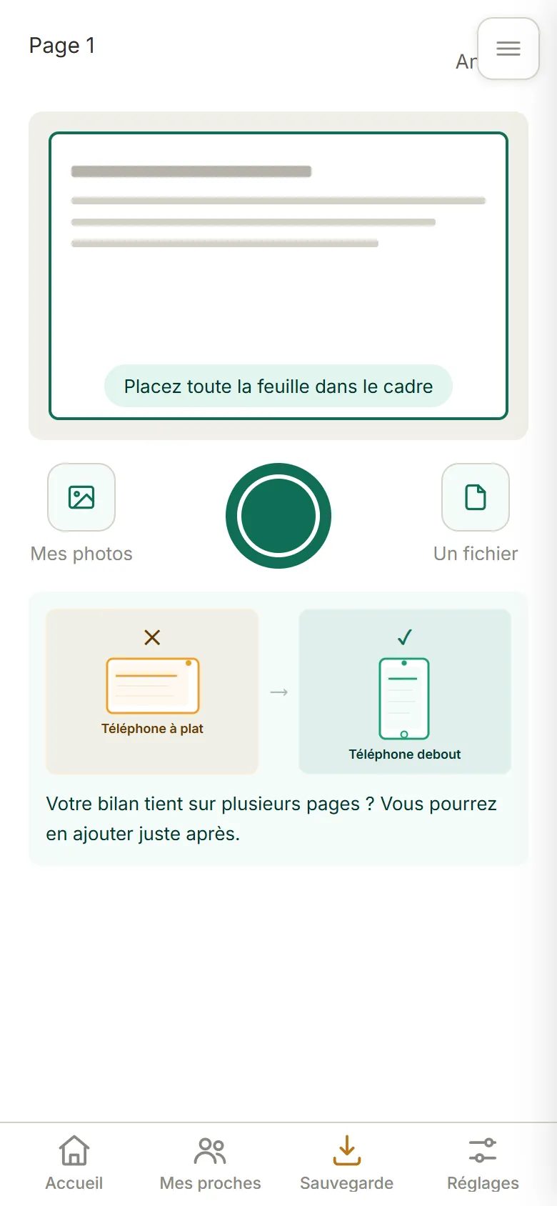 Écran de prise de photo d'un bilan : appareil photo, galerie, fichier ou PDF