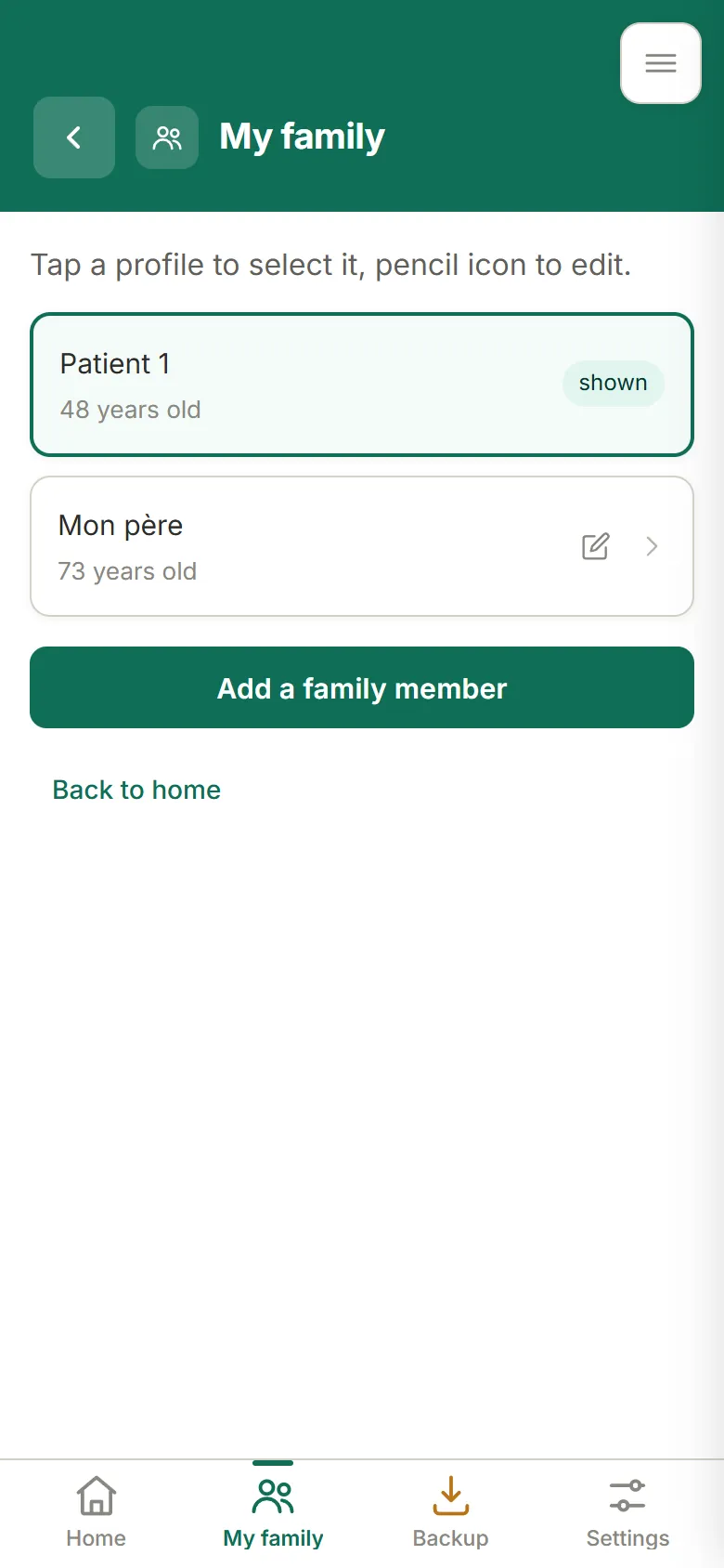My family screen: the profiles saved on the phone
