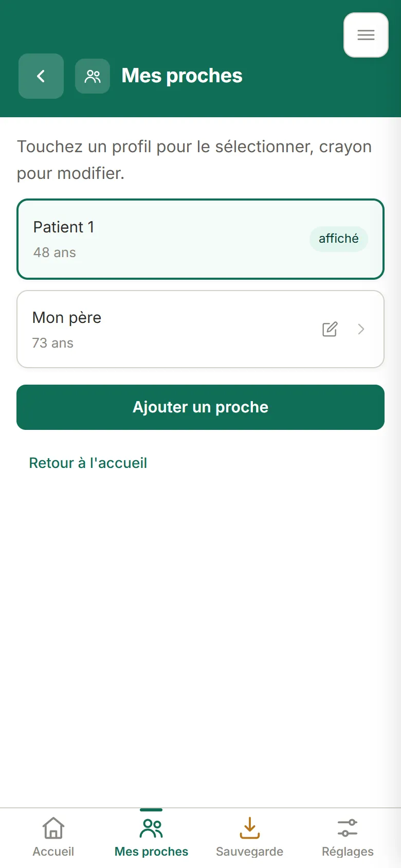 Écran Mes proches : les profils enregistrés sur le téléphone