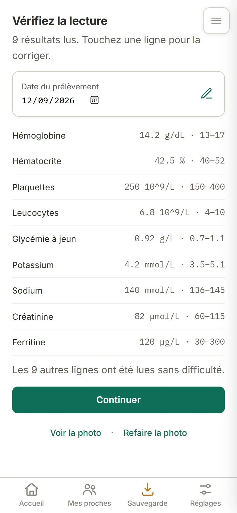 Écran « Vérifiez la lecture » : la date du prélèvement et chaque valeur relue